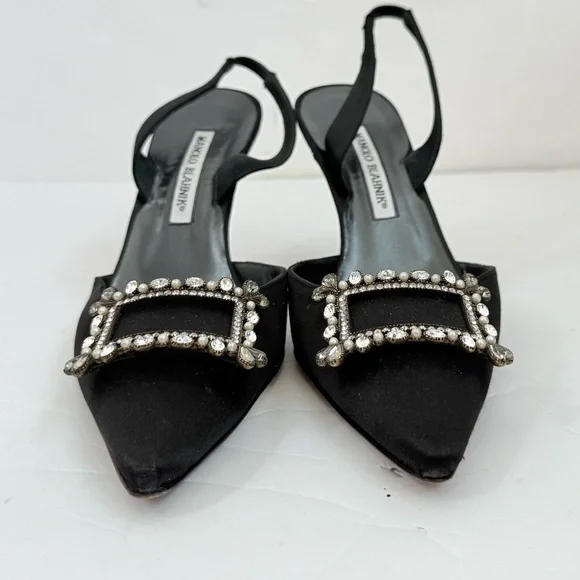 Manolo Blahnik Black Satin Leather Crystal embellishedslingback pumps EU 38.5